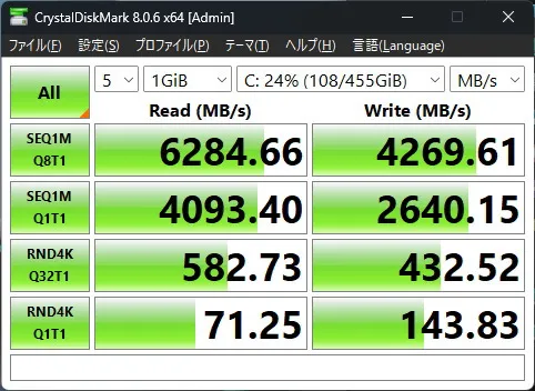 Zenbook 14 UX3405CAのSSDのCrystalDiskMarkの画像