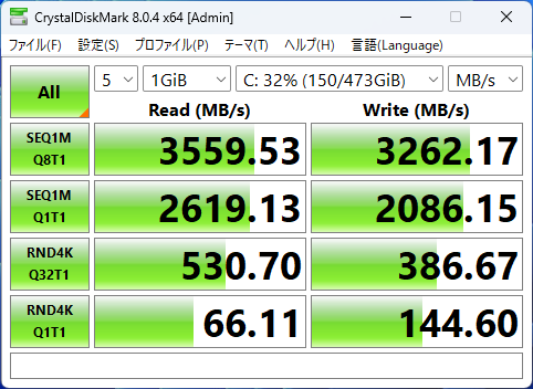 FMV WE1-K3のSSDのCrystalDiskMarkの画像