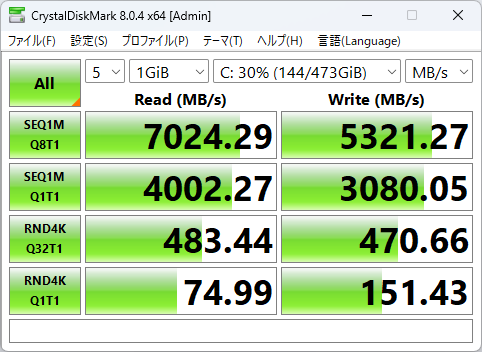 FMV WU7-K3のSSDのCrystalDiskMarkの画像
