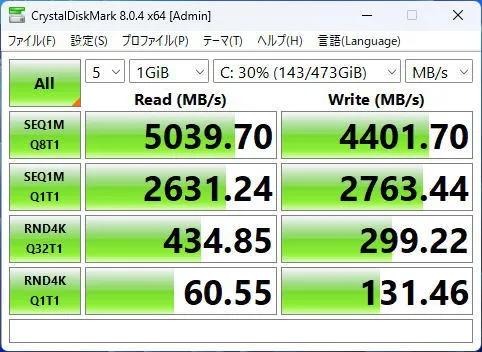 FMV WU8-K3のSSDのCrystalDiskMarkの画像