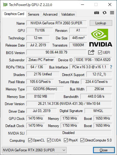 MSI GeForce RTX 2060 SUPER 動作品