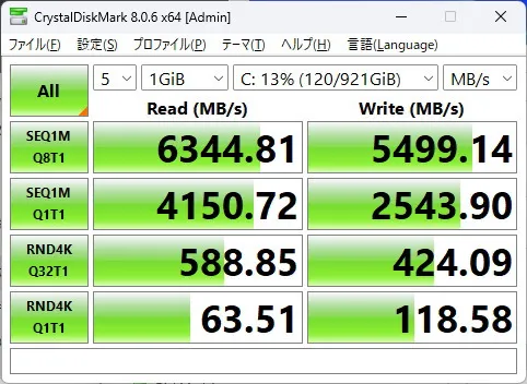 HP EliteBook 8 G1i 14のSSDのCrystalDiskMarkの画像