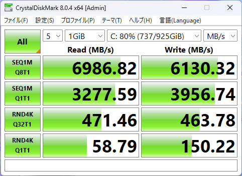 HP OmniBook X Flip 14-fkのSSDのCrystalDiskMarkの画像