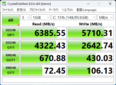 HP OmniBook 7 16-ayのSSDのCrystalDiskMarkの画像