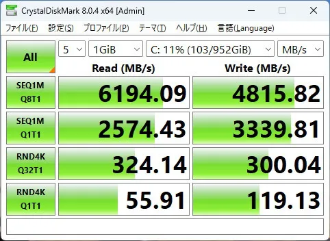 ThinkPad E14 Gen 6 AMDのSSDのCrystalDiskMarkの画像