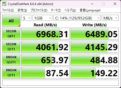 IdeaPad Pro 5 Gen 10(14型 AMD)のSSDのCrystalDiskMarkの画像
