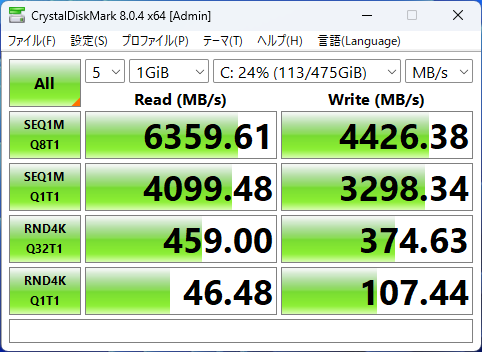 IdeaPad Slim 3 Gen 10 (14型 AMD)のSSDのCrystalDiskMarkの画像