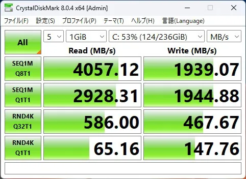 ThinkPad P14s Gen 5 AMDのSSDのCrystalDiskMarkの画像