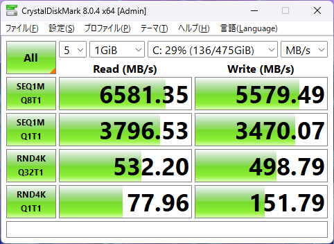 Yoga Slim 7 Gen 10(14型 AMD)のSSDのCrystalDiskMarkの画像