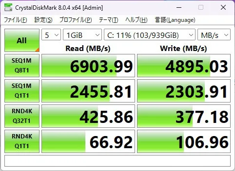 Summit 13 AI+ Evo A2VMのSSDのCrystalDiskMarkの画像