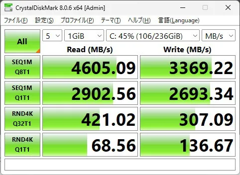 LAVIE SOLのSSDのCrystalDiskMarkの画像