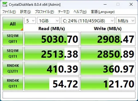 dynabook GR/ZZのSSDのCrystalDiskMarkの画像