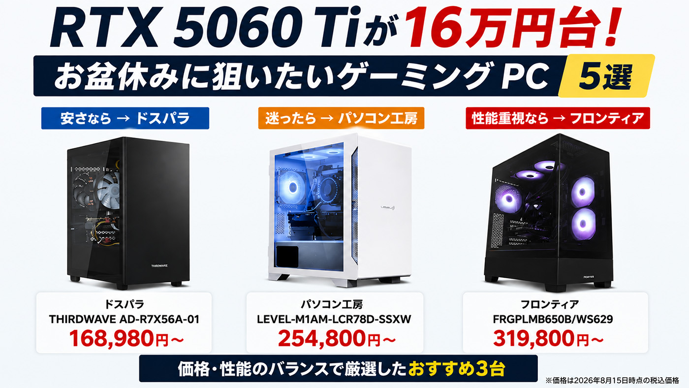 RTX 5060 Tiが16万円台!お盆休みに狙いたいゲーミングPC 5選